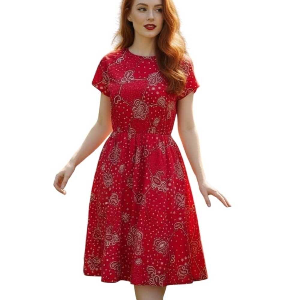 Vintage Village Fair 1960s Red Handkerchief Paisley Printed Dress Fit & Flare